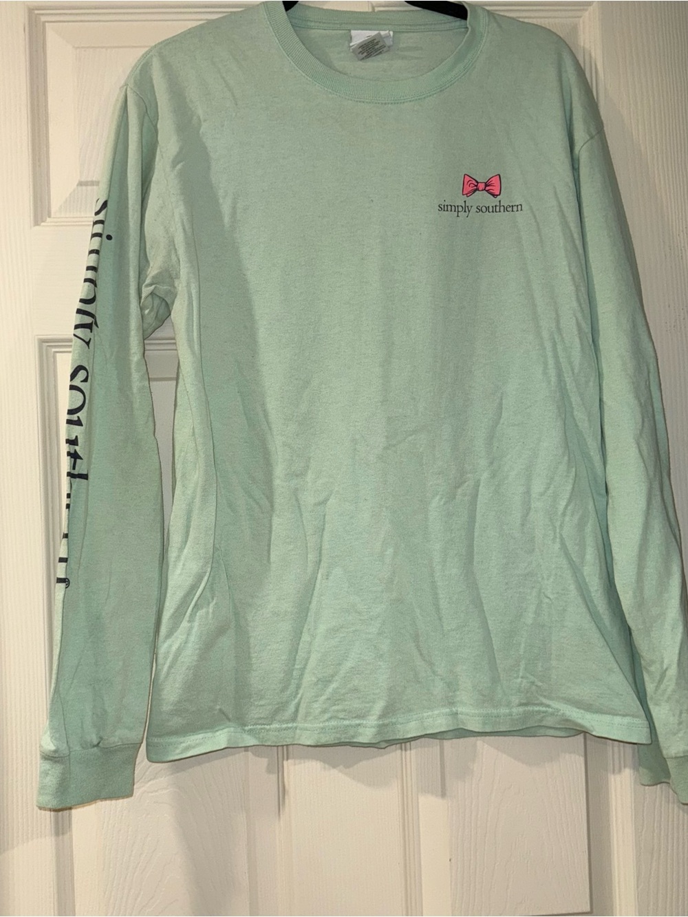Simply Southern Mint Green Long Sleeve Shirt with Pink Bow Logo